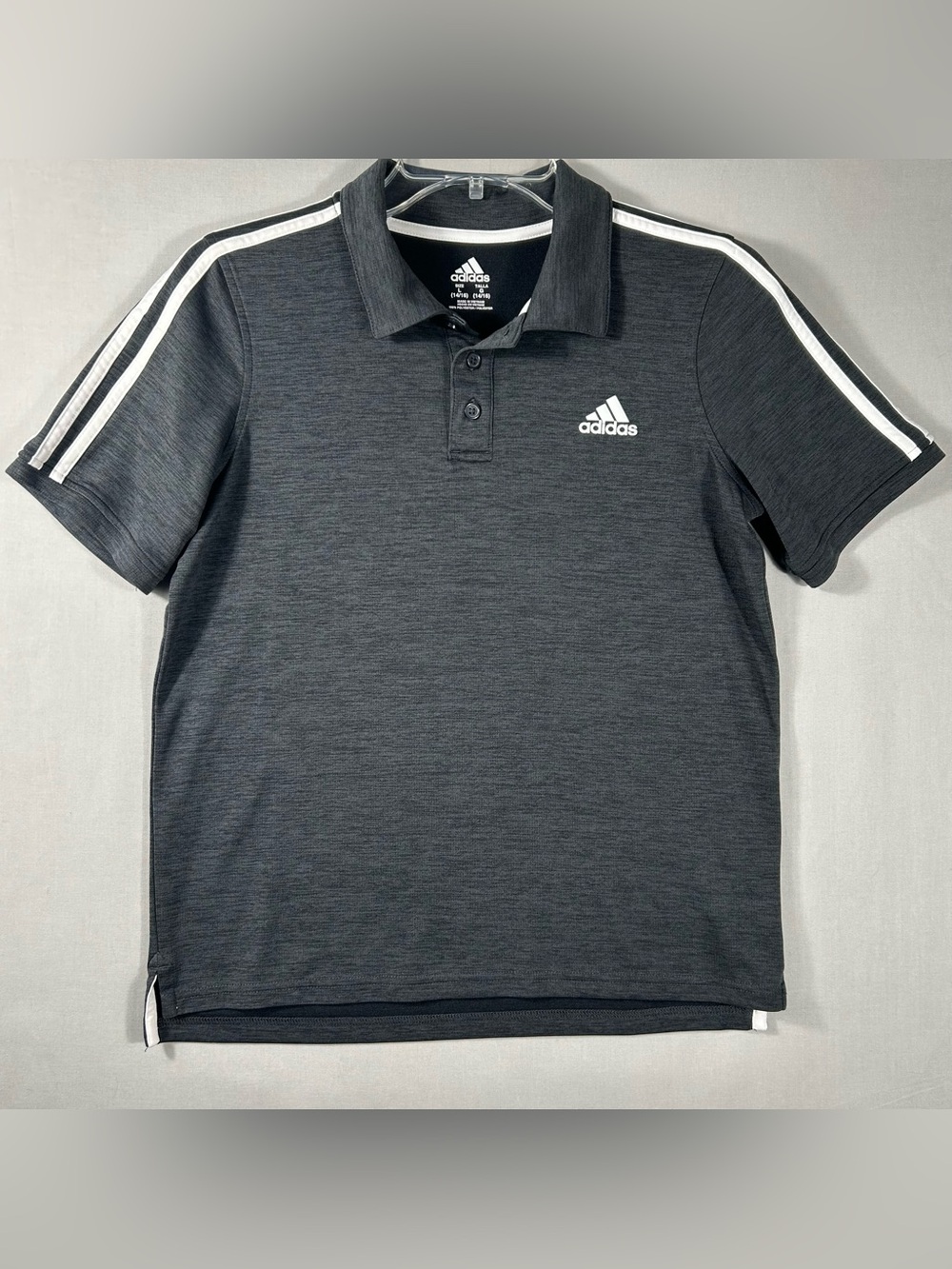 Adidas Polo Shirt Kids Large 14-16 Black Short Sleeve 3-Stripe Golf Athletic